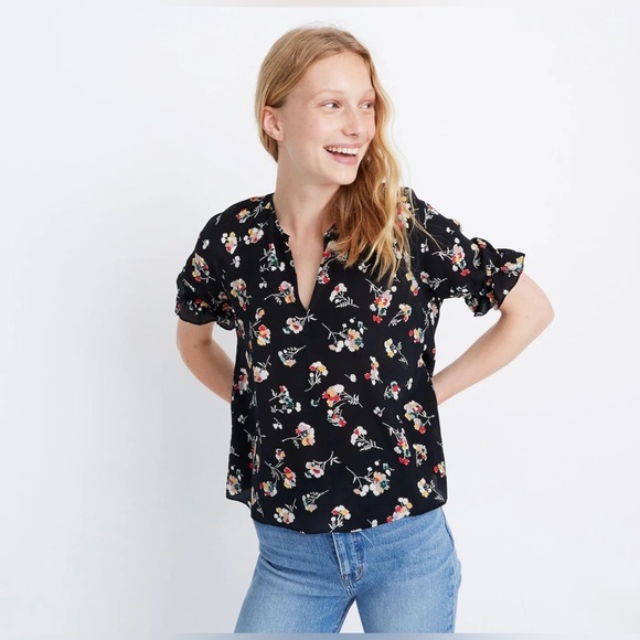 Madewell 100% Silk Notched Ruffle Cuff Blouse Top In Carnation Toss Size XS - Picture 2 of 10